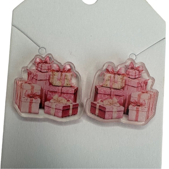Set of 3 Pink NEW Christmas Holiday Stud Acrylic Handmade Earrings - Picture 5 of 8